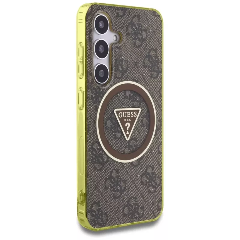Guess 4G Glitter Triangle Buttons MagSafe Case para Samsung Galaxy S25 (castanho)