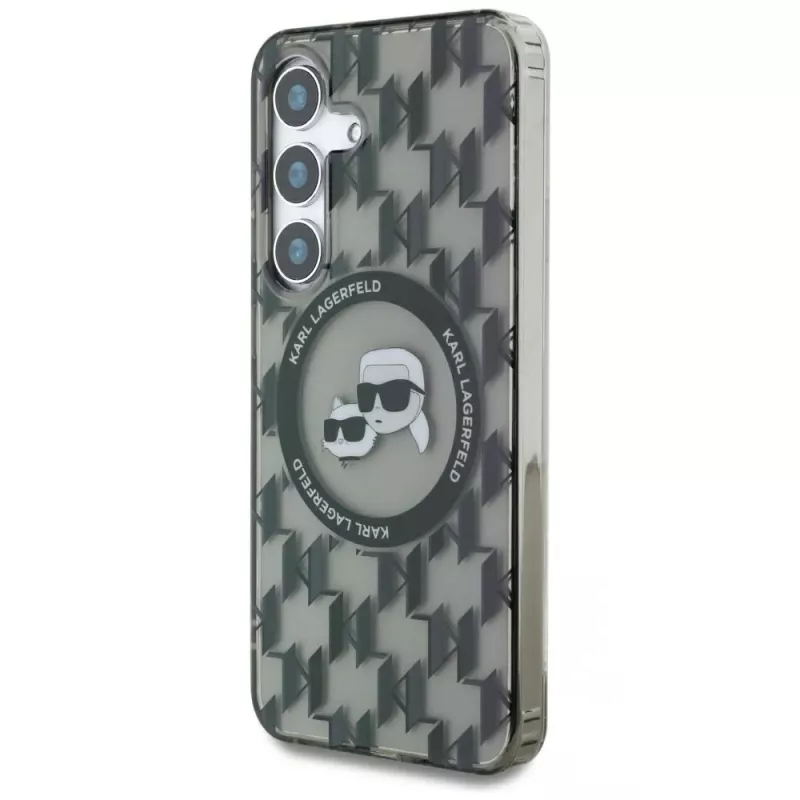 Karl Lagerfeld Capa MagSafe Button Karl & Choupette Heads On KL Pattern para Samsung Galaxy S25, preto