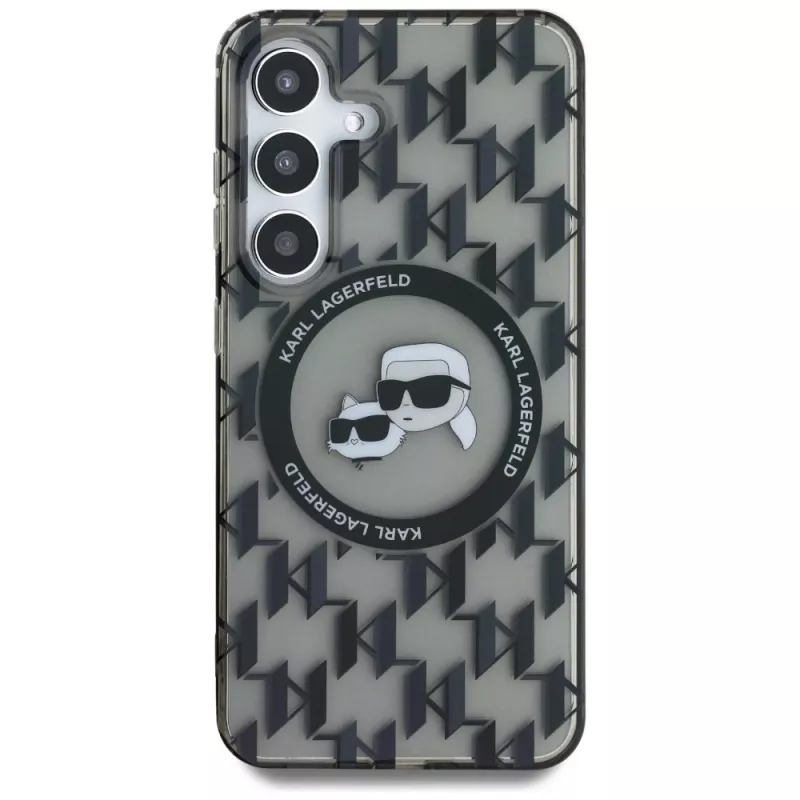 Karl Lagerfeld Capa MagSafe Button Karl & Choupette Heads On KL Pattern para Samsung Galaxy S25, preto
