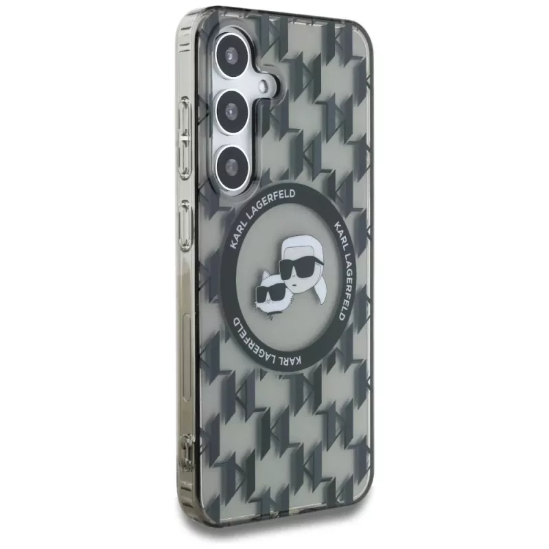 Karl Lagerfeld Capa MagSafe Button Karl & Choupette Heads On KL Pattern para Samsung Galaxy S25, preto
