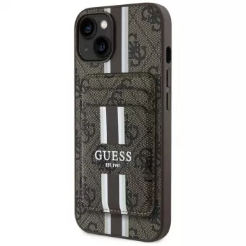 Guess Capa carteira 4G Stripes com MagSafe para iPhone 15 castanho