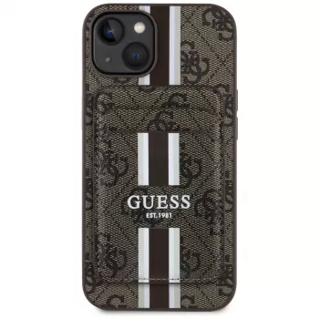 Guess Capa carteira 4G Stripes com MagSafe para iPhone 15 castanho