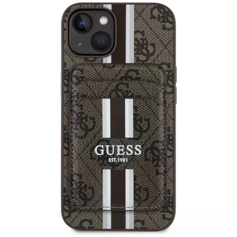 Guess Capa carteira 4G Stripes com MagSafe para iPhone 15 castanho