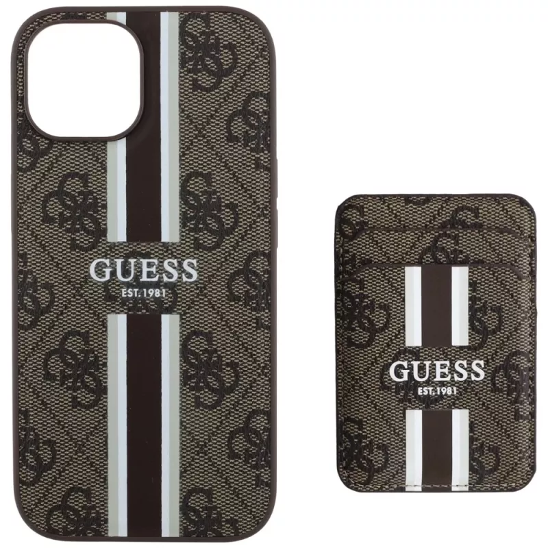 Guess Capa carteira 4G Stripes com MagSafe para iPhone 15 castanho