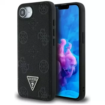 Guess Capa MagSafe Grained Hot Stamp Peony Triangle Logo para iPhone 16e (preto)