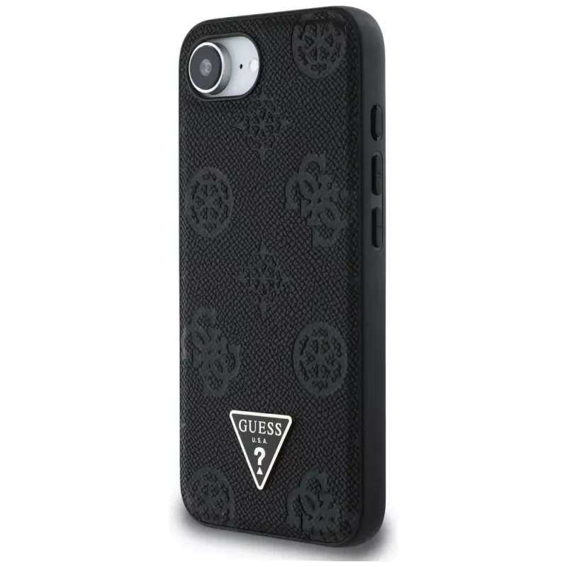 Guess Capa MagSafe Grained Hot Stamp Peony Triangle Logo para iPhone 16e (preto)