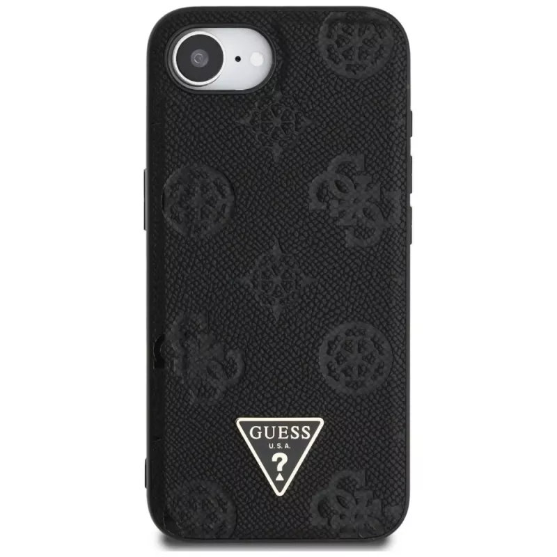 Guess Capa MagSafe Grained Hot Stamp Peony Triangle Logo para iPhone 16e (preto)