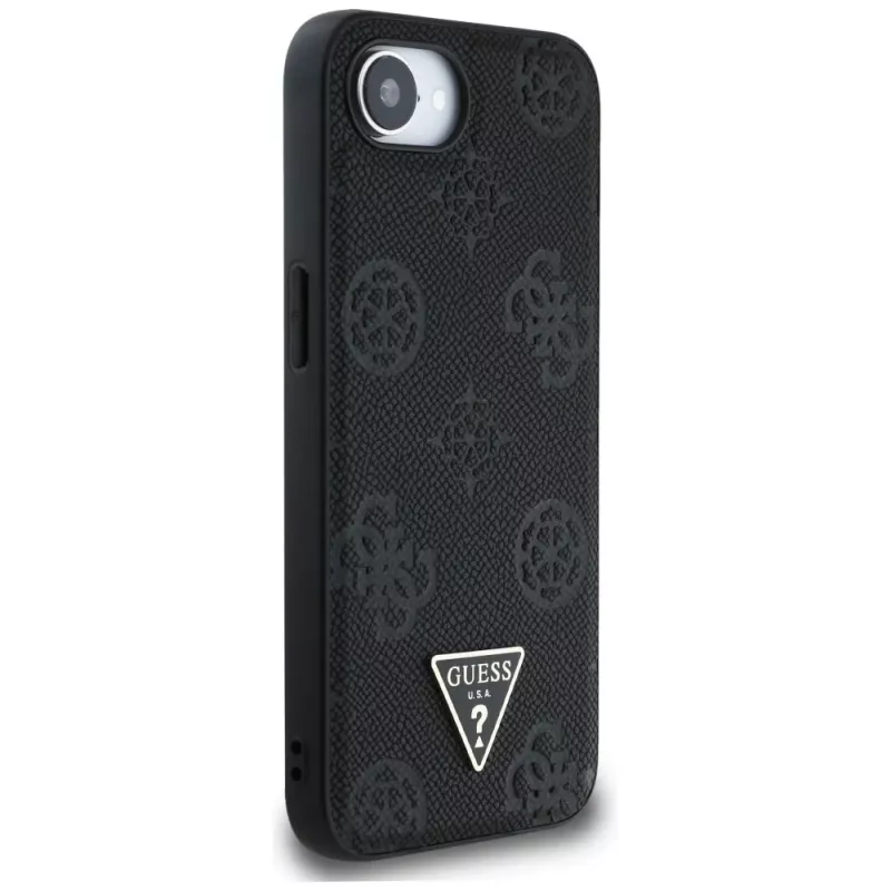 Guess Capa MagSafe Grained Hot Stamp Peony Triangle Logo para iPhone 16e (preto)