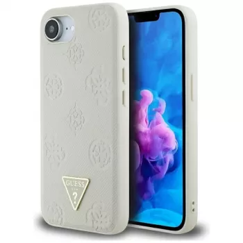 Guess Capa MagSafe Grained Hot Stamp Peony Triangle Logo para iPhone 16e (bege)