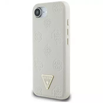 Guess Capa MagSafe Grained Hot Stamp Peony Triangle Logo para iPhone 16e (bege)