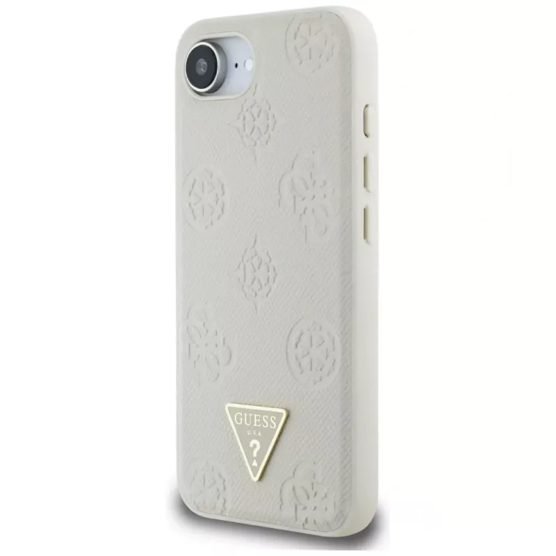 Guess Capa MagSafe Grained Hot Stamp Peony Triangle Logo para iPhone 16e (bege)