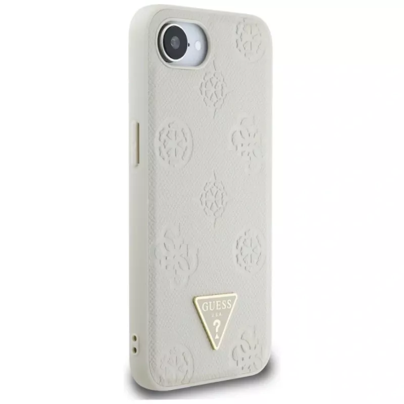 Guess Capa MagSafe Grained Hot Stamp Peony Triangle Logo para iPhone 16e (bege)