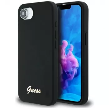 Guess Capa MagSafe Silicone Script Metal Logo para iPhone 16e (preto)