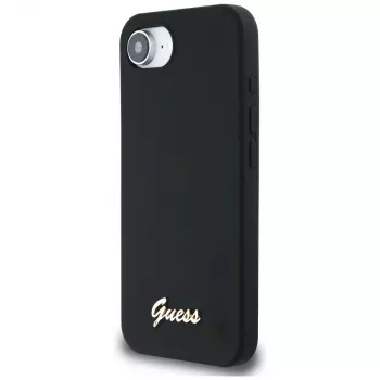 Guess Capa MagSafe Silicone Script Metal Logo para iPhone 16e (preto)