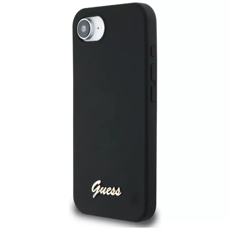 Guess Capa MagSafe Silicone Script Metal Logo para iPhone 16e (preto)
