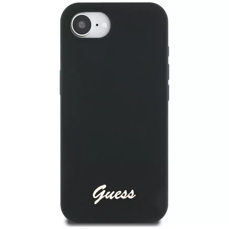 Guess Capa MagSafe Silicone Script Metal Logo para iPhone 16e (preto)