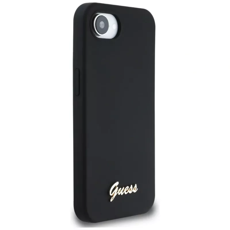 Guess Capa MagSafe Silicone Script Metal Logo para iPhone 16e (preto)