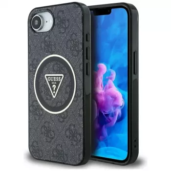 Guess Capa MagSafe IML Metal Glitter 4G Circle Triangle para iPhone 16e (preto)