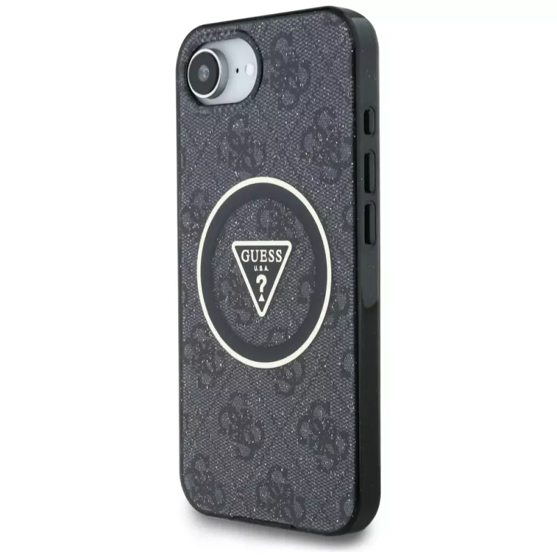 Guess Capa MagSafe IML Metal Glitter 4G Circle Triangle para iPhone 16e (preto)