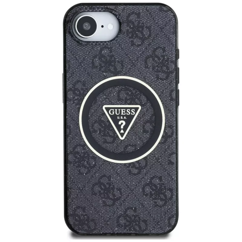 Guess Capa MagSafe IML Metal Glitter 4G Circle Triangle para iPhone 16e (preto)