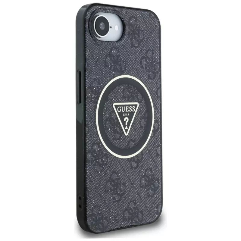 Guess Capa MagSafe IML Metal Glitter 4G Circle Triangle para iPhone 16e (preto)