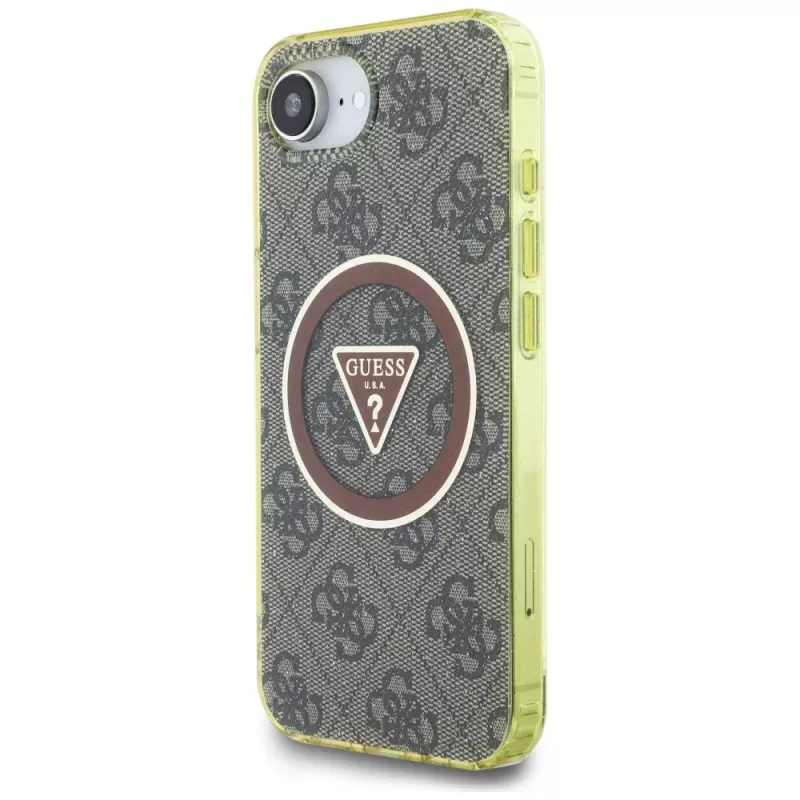 Guess Capa MagSafe IML Metal Glitter 4G Circle Triangle para Apple iPhone 16e (castanho)