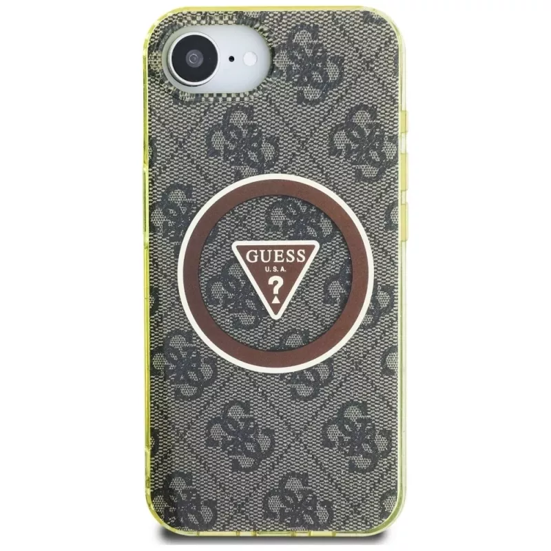 Guess Capa MagSafe IML Metal Glitter 4G Circle Triangle para Apple iPhone 16e (castanho)