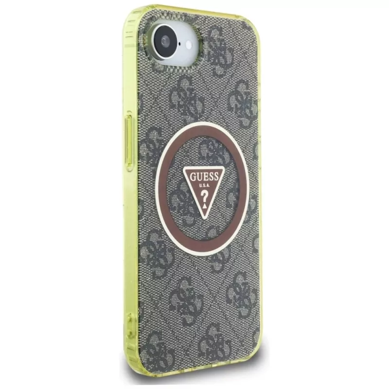 Guess Capa MagSafe IML Metal Glitter 4G Circle Triangle para Apple iPhone 16e (castanho)