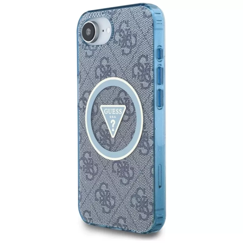 Guess Capa MagSafe IML Metal Glitter 4G Circle Triangle para iPhone 16e (azul)