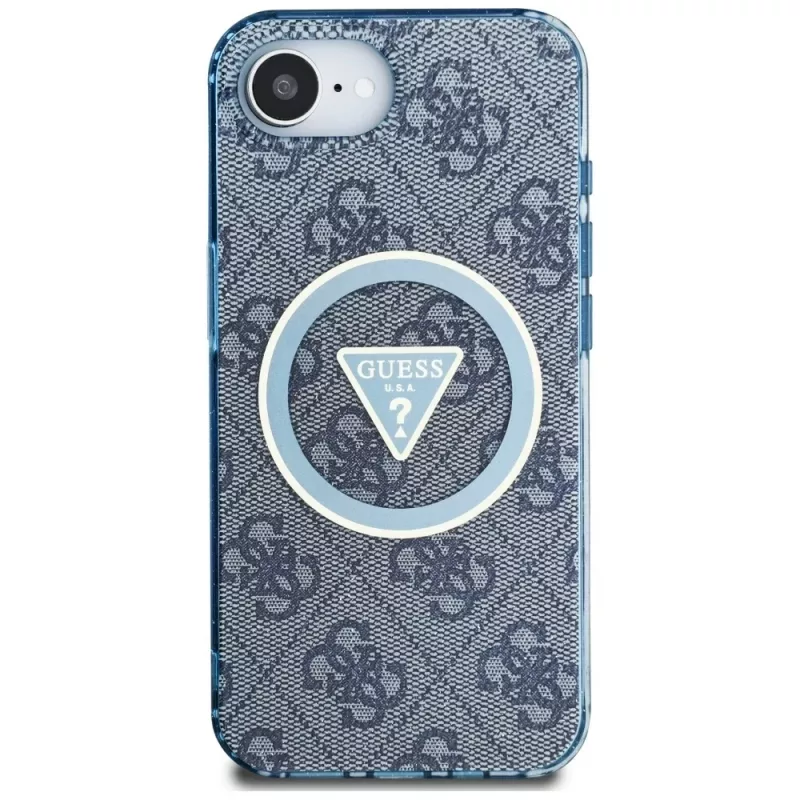 Guess Capa MagSafe IML Metal Glitter 4G Circle Triangle para iPhone 16e (azul)