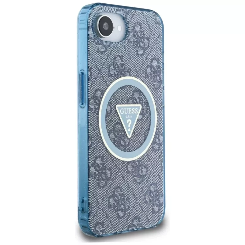 Guess Capa MagSafe IML Metal Glitter 4G Circle Triangle para iPhone 16e (azul)