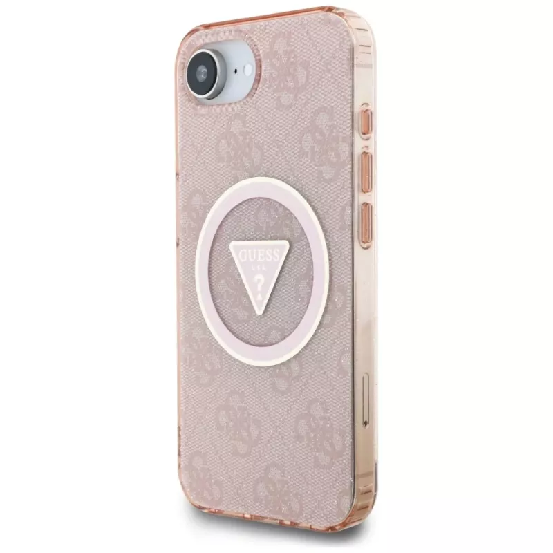 Guess Capa MagSafe IML Metal Glitter 4G Circle Triangle para Apple iPhone 16e (rosa)