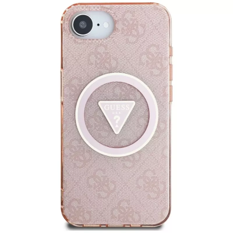 Guess Capa MagSafe IML Metal Glitter 4G Circle Triangle para Apple iPhone 16e (rosa)