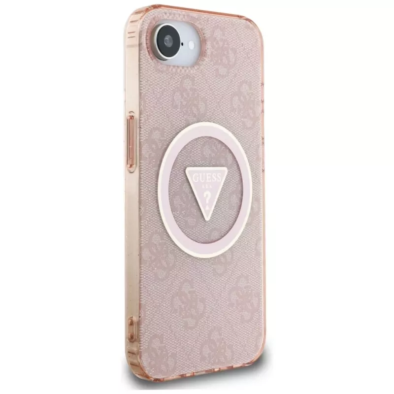 Guess Capa MagSafe IML Metal Glitter 4G Circle Triangle para Apple iPhone 16e (rosa)