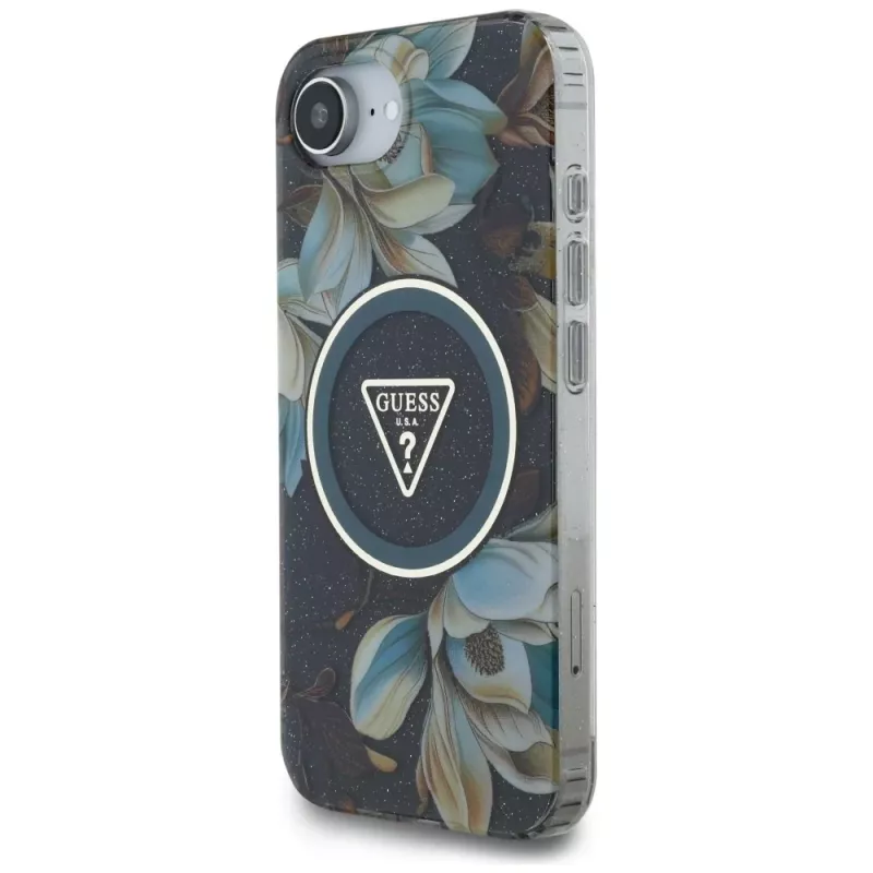 Capa MagSafe Guess IML Metal Glitter Flowers Triangle para Apple iPhone 16e (preto)