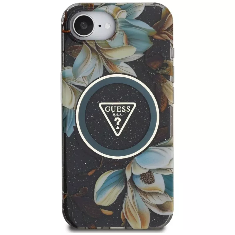 Capa MagSafe Guess IML Metal Glitter Flowers Triangle para Apple iPhone 16e (preto)