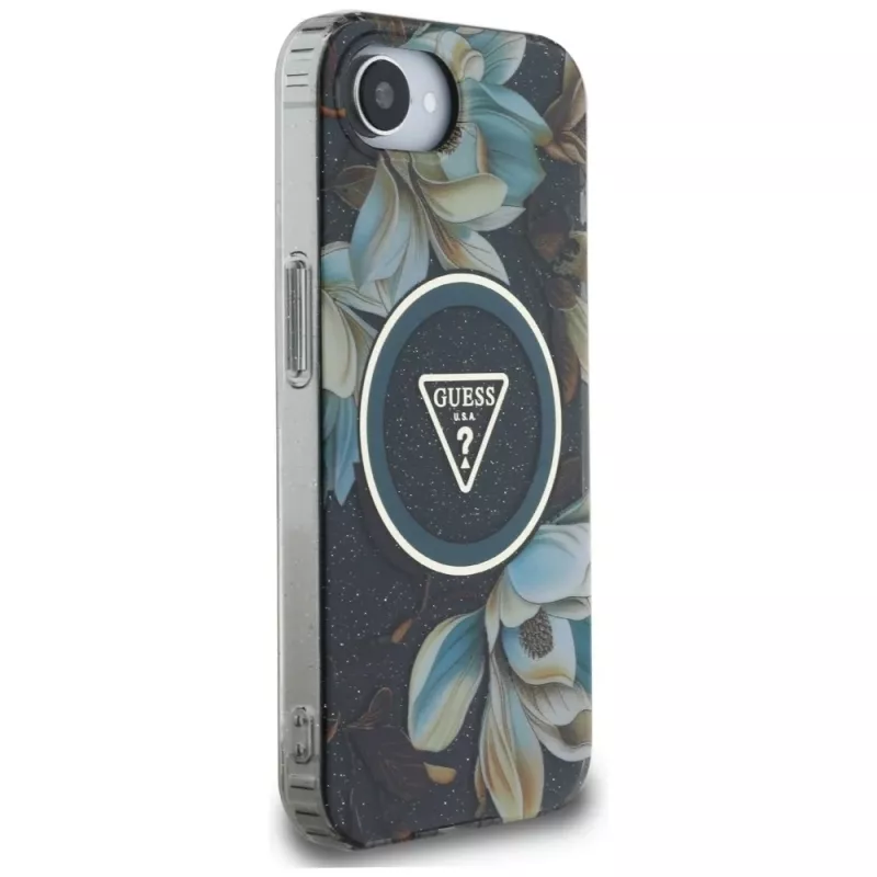Capa MagSafe Guess IML Metal Glitter Flowers Triangle para Apple iPhone 16e (preto)