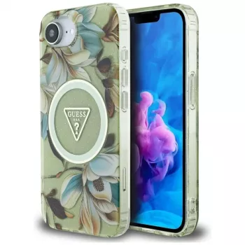 Capa traseira MagSafe Guess IML Metal Glitter Flowers Triangle para Apple iPhone 16e, verde