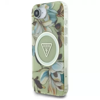 Capa traseira MagSafe Guess IML Metal Glitter Flowers Triangle para Apple iPhone 16e, verde