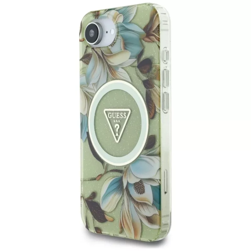Capa traseira MagSafe Guess IML Metal Glitter Flowers Triangle para Apple iPhone 16e, verde