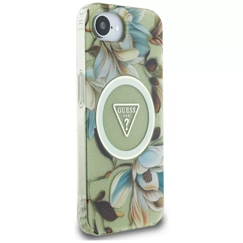 Capa traseira MagSafe Guess IML Metal Glitter Flowers Triangle para Apple iPhone 16e, verde
