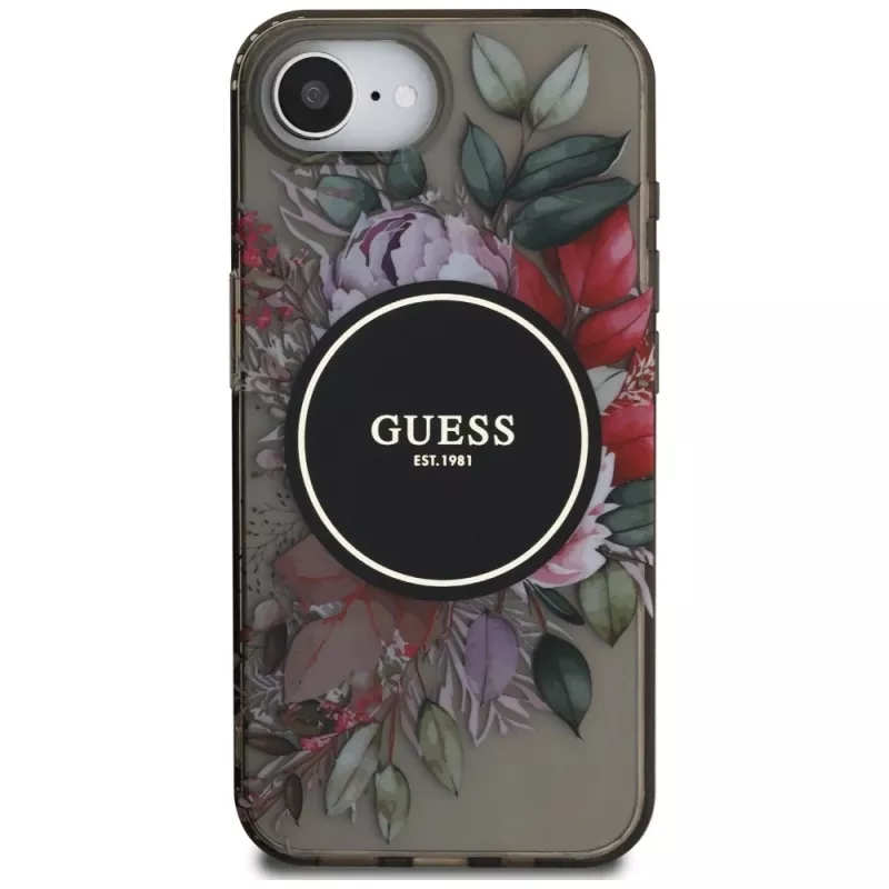 Capa MagSafe Guess IML Flowers para iPhone 16e (preto)