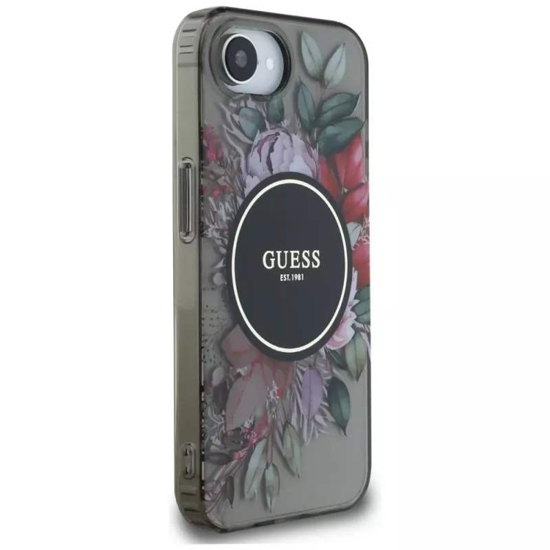 Capa MagSafe Guess IML Flowers para iPhone 16e (preto)
