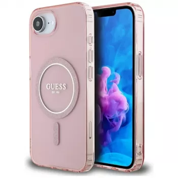 Capa MagSafe Guess IML Glitter Circle para iPhone 16e (rosa)