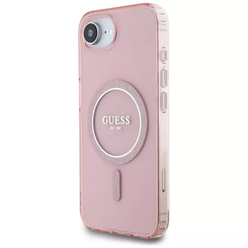 Capa MagSafe Guess IML Glitter Circle para iPhone 16e (rosa)