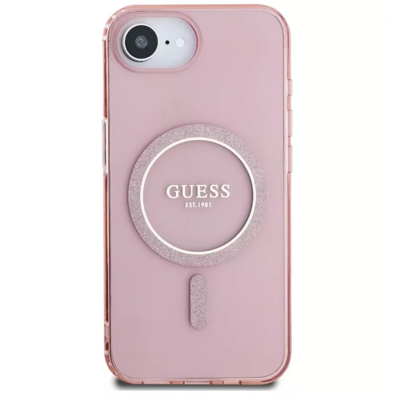 Capa MagSafe Guess IML Glitter Circle para iPhone 16e (rosa)