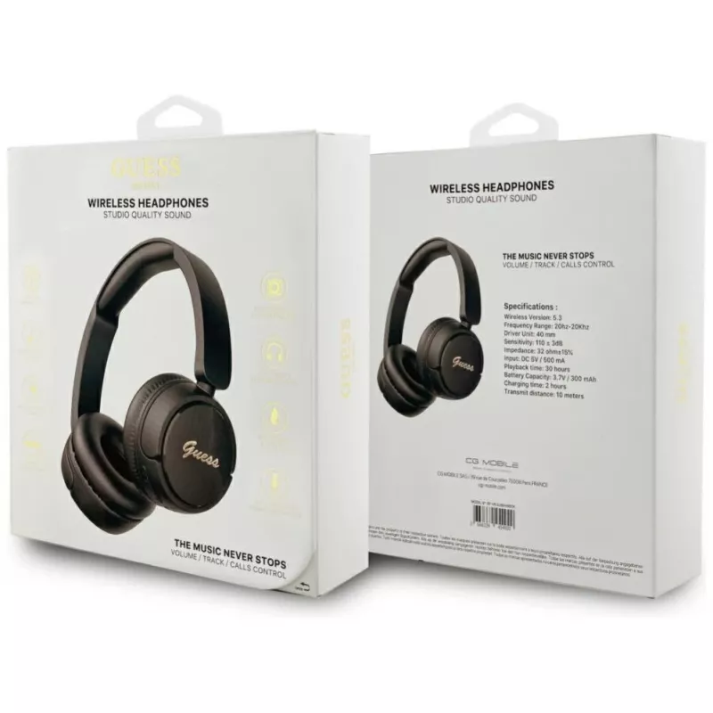 Auscultadores Bluetooth 5.3 sem fios over-ear Guess Metal Logo Script, preto