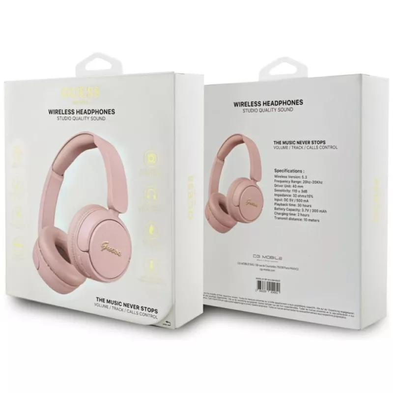 Auscultadores Bluetooth 5.3 sem fios on-ear Guess Metal Logo Script (rosa)