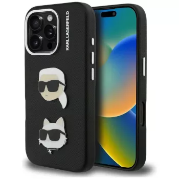 Capa KARL LAGERFELD FW Grained Karl & Choupette Heads Pins para iPhone 16 Pro, preto