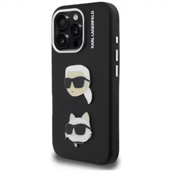 Capa KARL LAGERFELD FW Grained Karl & Choupette Heads Pins para iPhone 16 Pro, preto